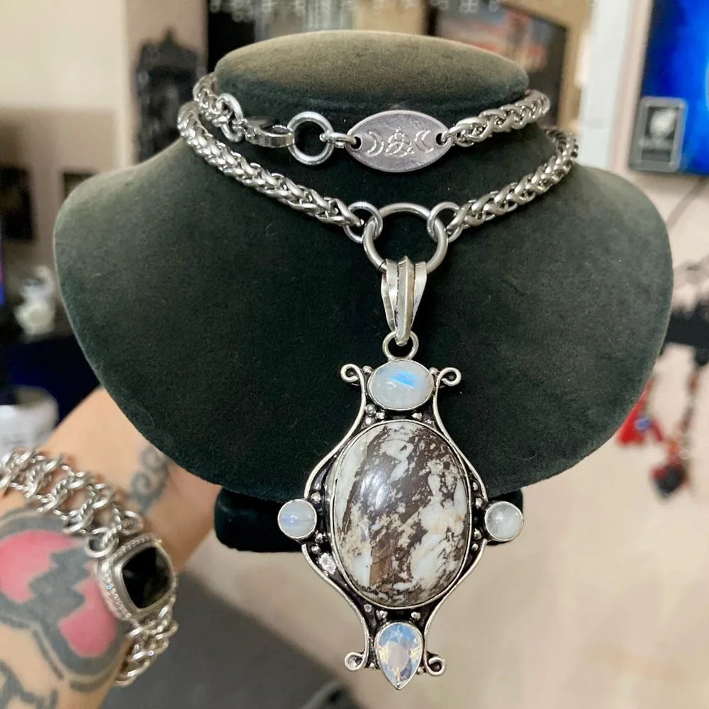 Genuine moonstone white & brown agate gemstones & opalite boho silver necklace - Picture 14 of 15